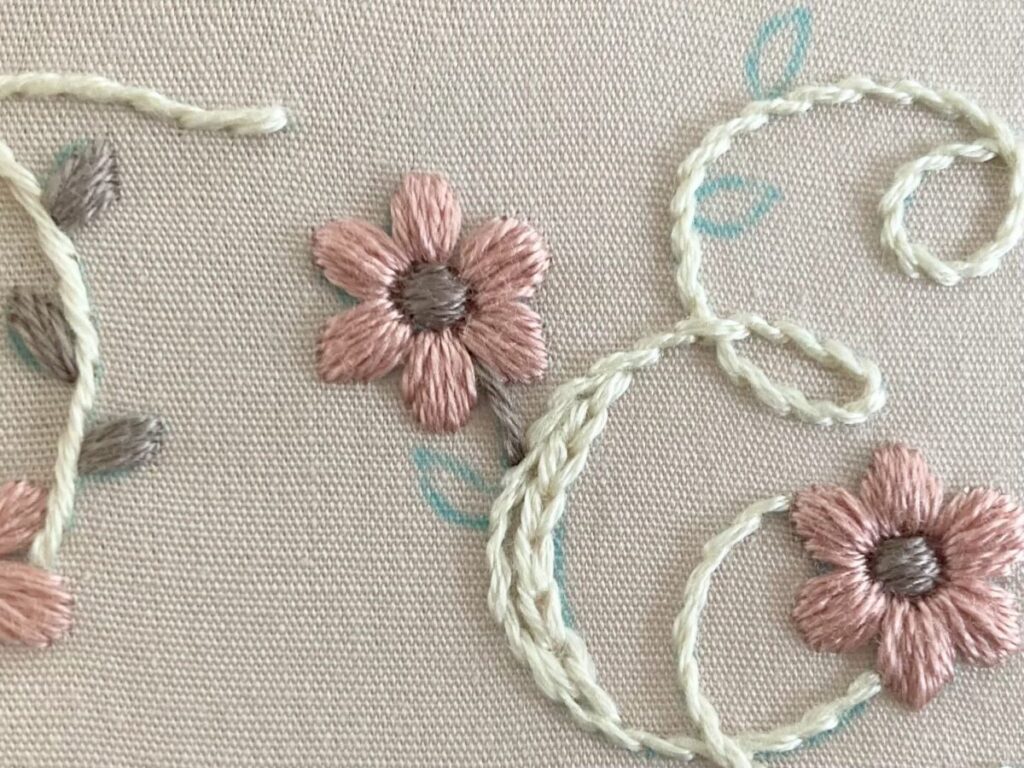 アルファベット「E」の刺繍図案と刺し方の解説の写真