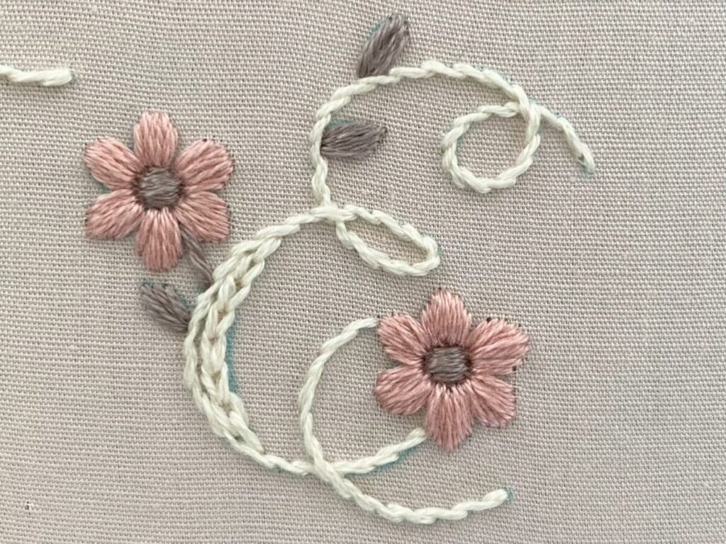 アルファベット「E」の刺繍図案と刺し方の解説の写真