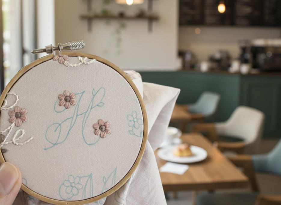 カフェで刺繍をする癒しの時間